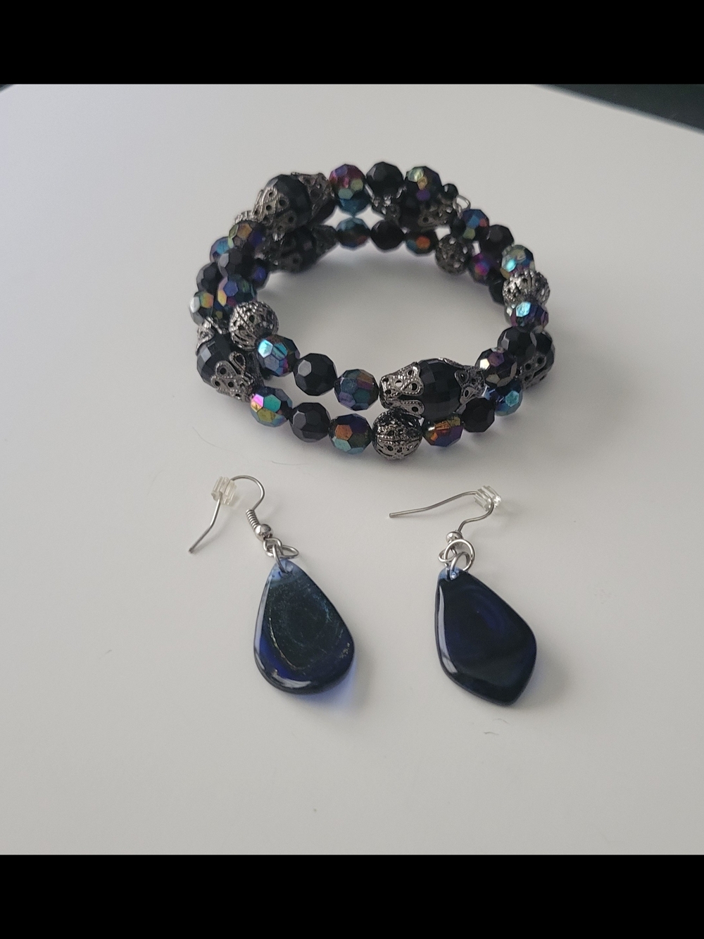 Handmade Black Multicolored Crystal Beaded Bracelet & Navy Teardrop Earrings Set